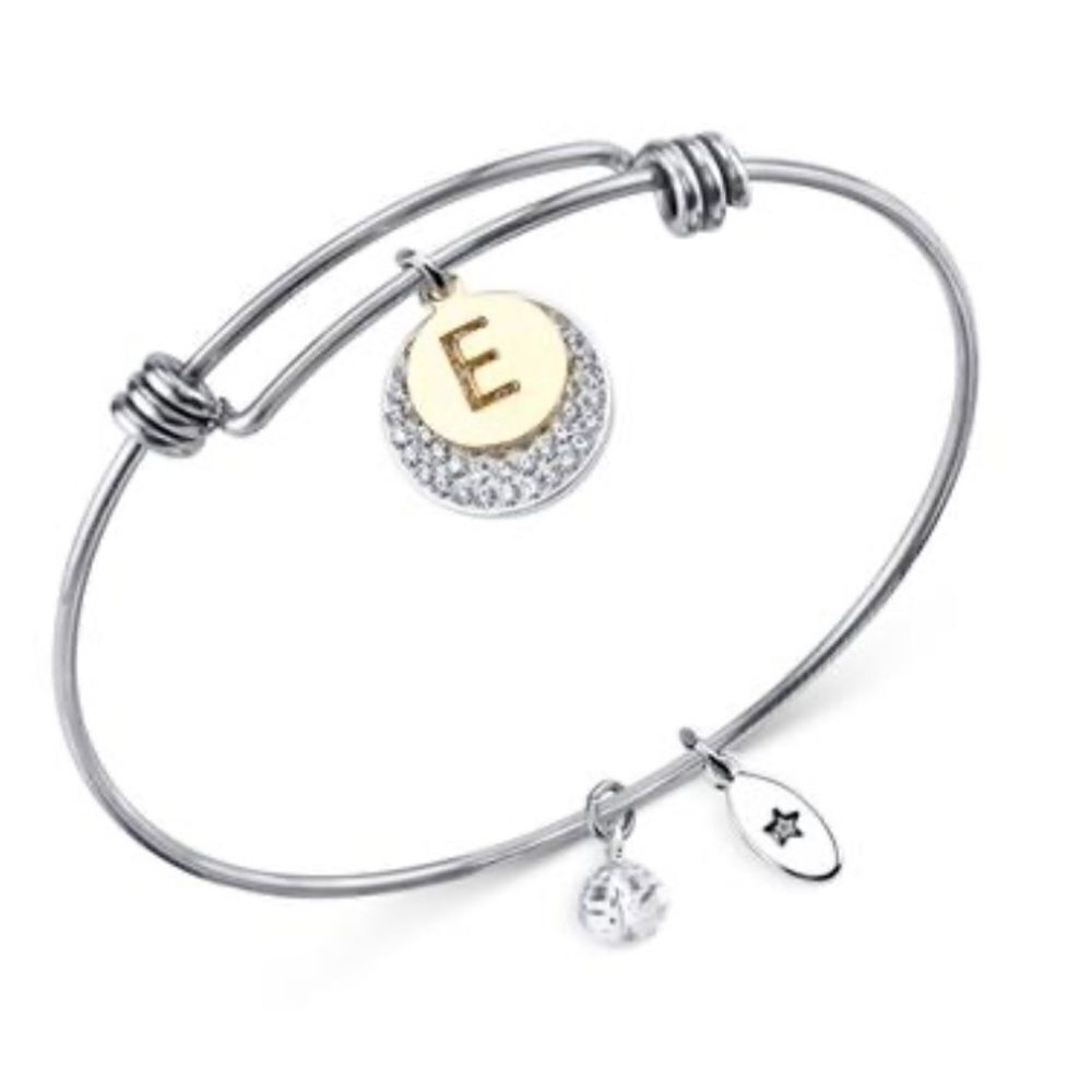 Unwritten Pave and Initial Disc Bangle Bracelet in Stainless Steel Silver Plated